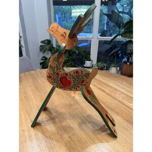 Vtg 80s Tole Painted Wooden Reindeer Folk Art Rustic Cottage Scandinavian Style